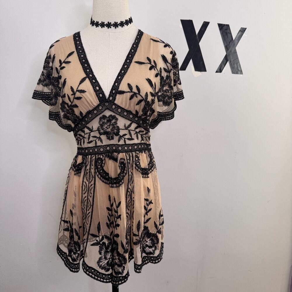 Vintage Y2K Honey Punch Black Nude Lace Romper Sheer Plunge Indie Sleaze S